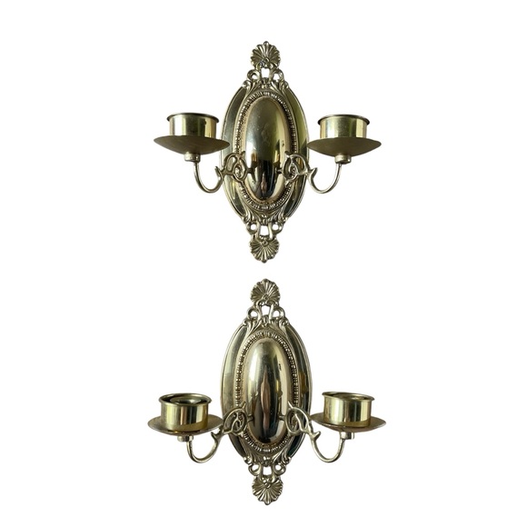 Other - Vintage Pair Brass Ornate Taper Candle Holders Wall Sconce Mounted Arm Set of 2